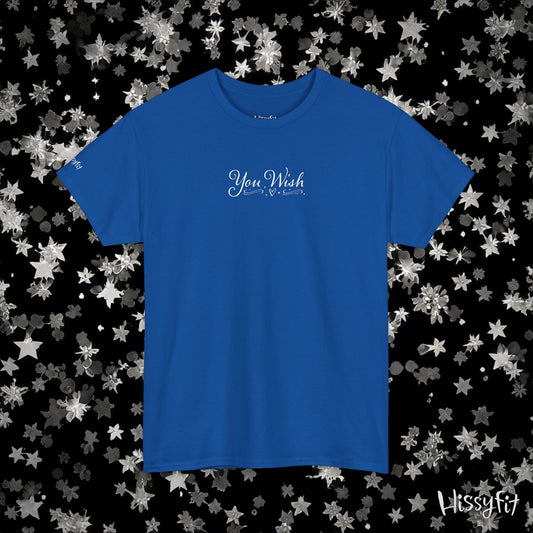 Blue t-shirt with 'You Wish' text on a black background with star patterns