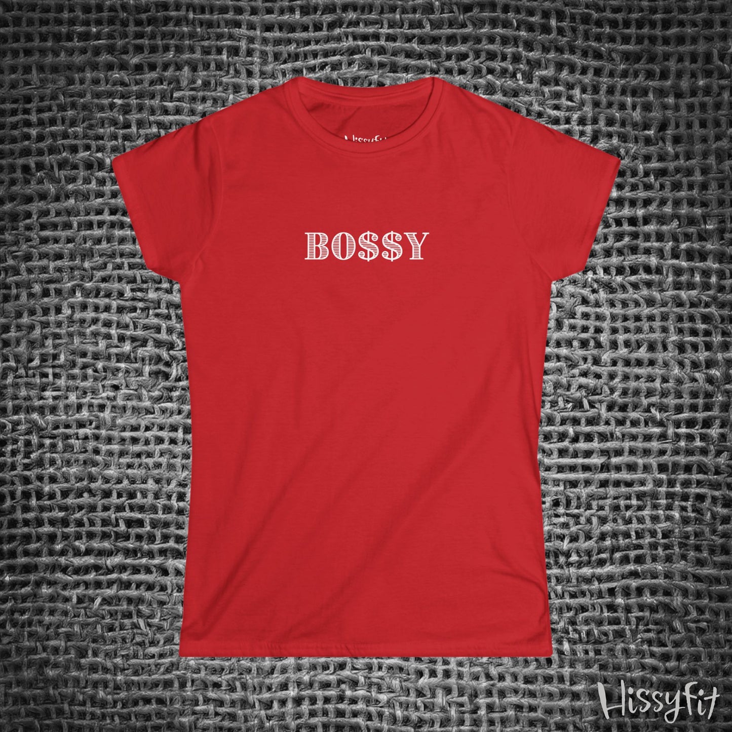 Red t-shirt with 'BOSSY' text on a textured gray background