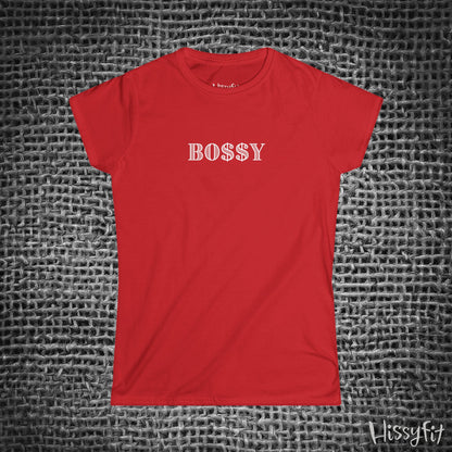 Red t-shirt with 'BOSSY' text on a textured gray background