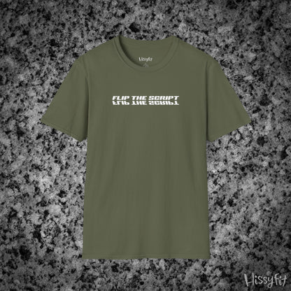 Green t-shirt with 'Flip The Script' text on a gray granite background