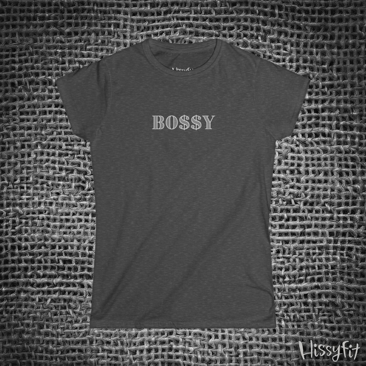 Dark gray t-shirt with 'BOSSY' text on a textured gray background