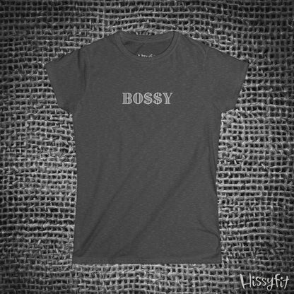 Dark gray t-shirt with 'BOSSY' text on a textured gray background