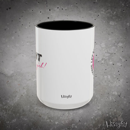 White mug with black interior on a gray background, featuring 'Hissyfit' branding.
