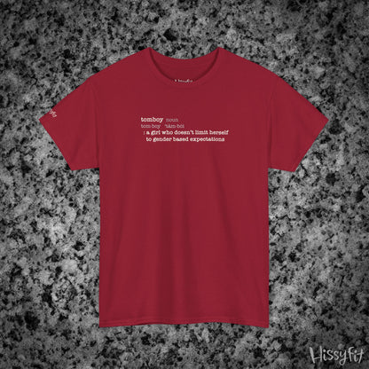 Red t-shirt with text 'Tomboy:definition' on a gray and black speckled background, featuring the brand 'Hissyfit'.