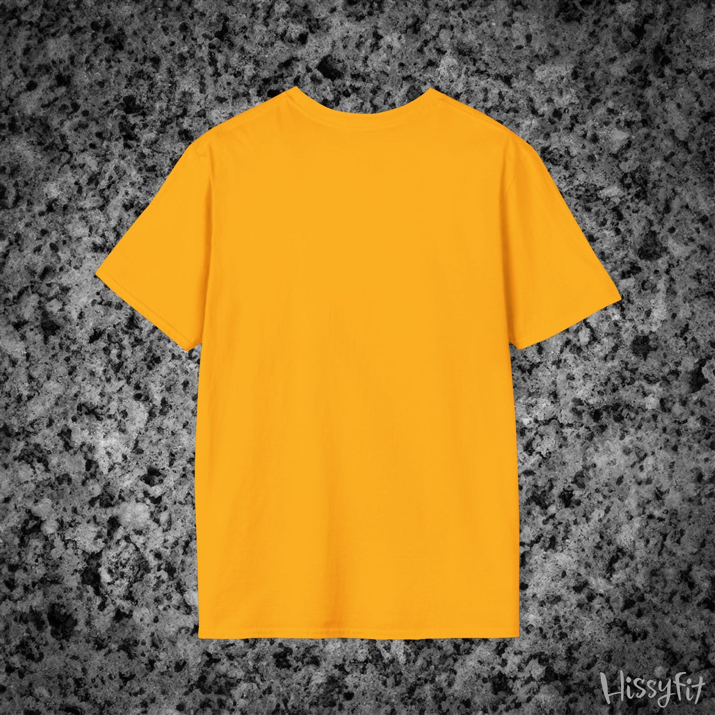 Yellow t-shirt on a textured gray background with 'Hissyfit' branding.