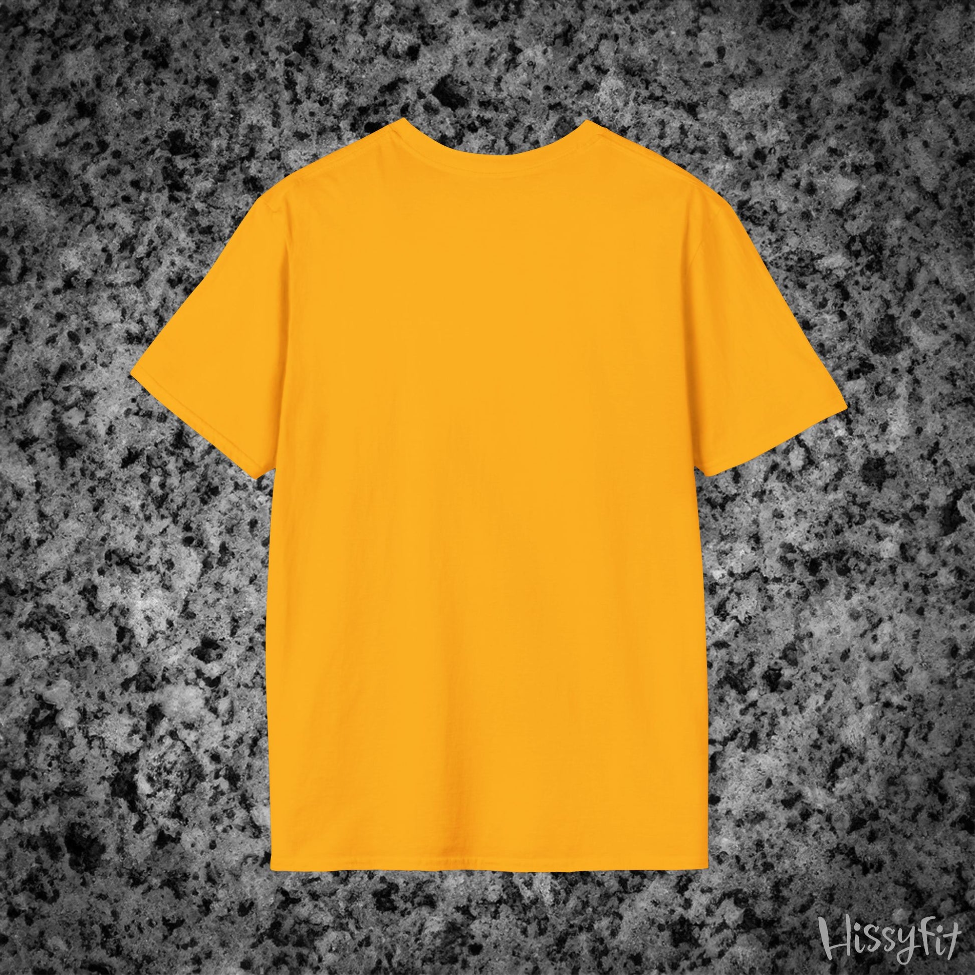 Yellow t-shirt on a textured gray background with 'Hissyfit' branding.