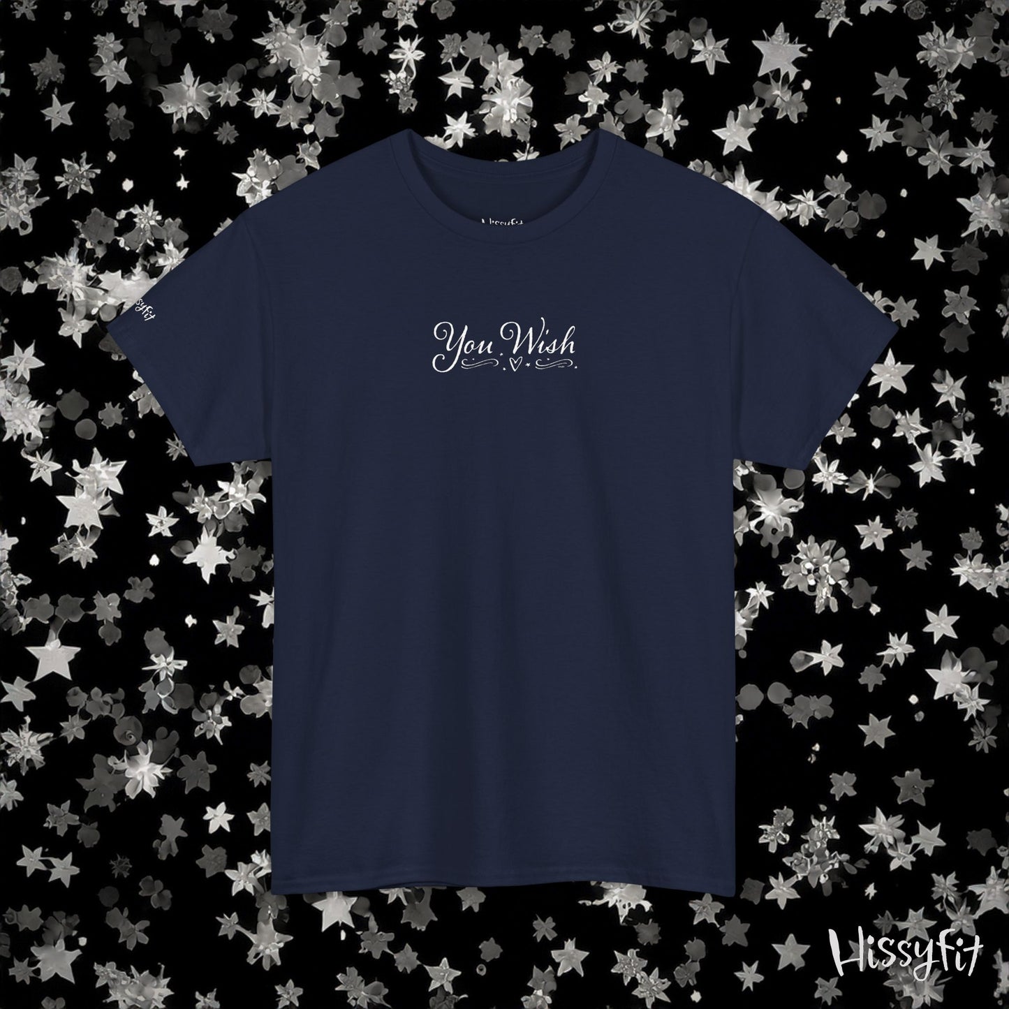 Navy blue t-shirt with 'You Wish' text on a black background with star patterns