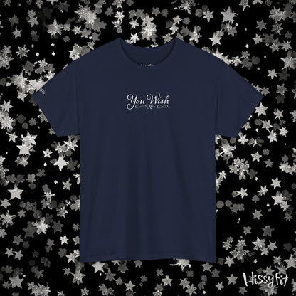Navy blue t-shirt with 'You Wish' text on a black background with star patterns