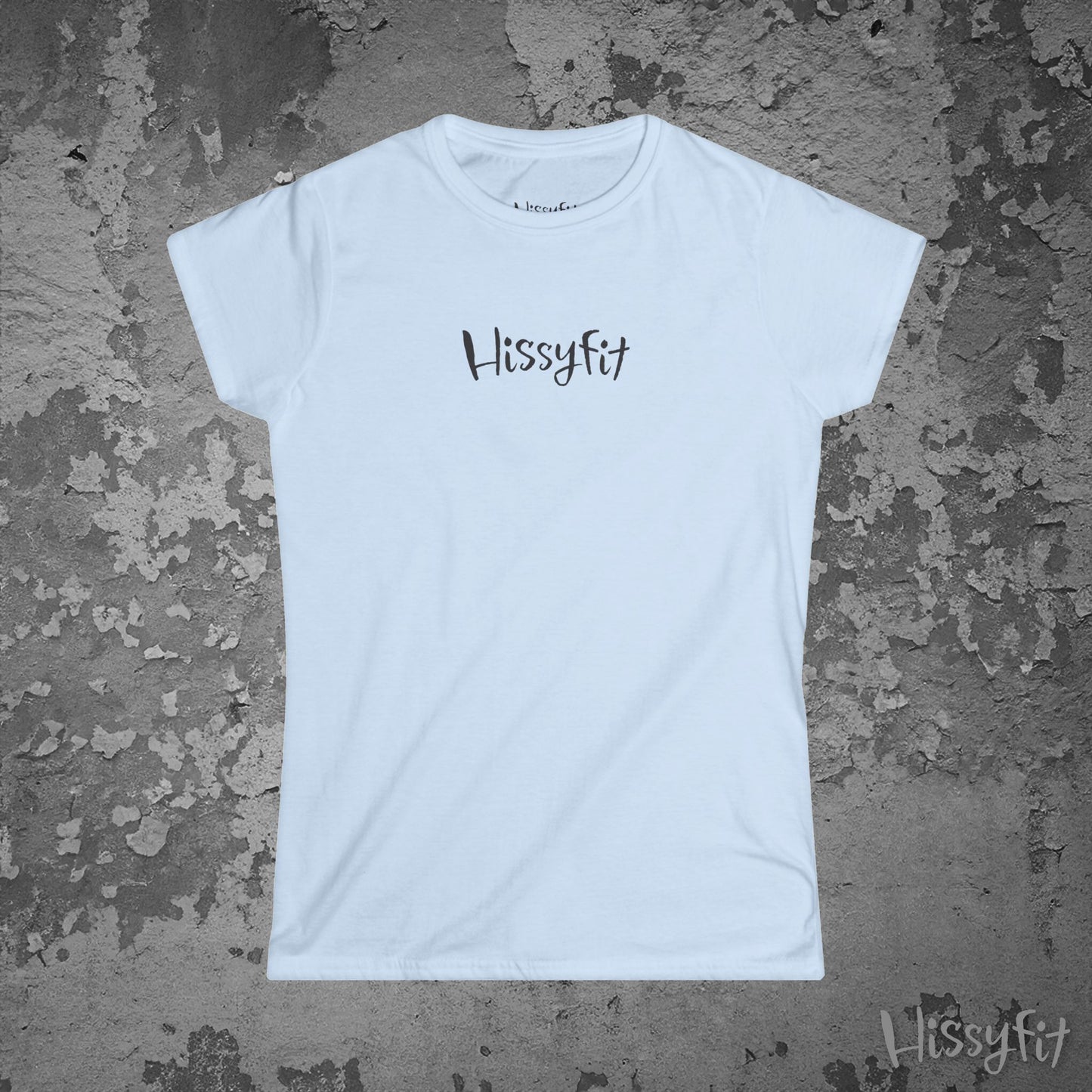 Light Blue t-shirt with 'Hissyfit' logo on a textured gray background