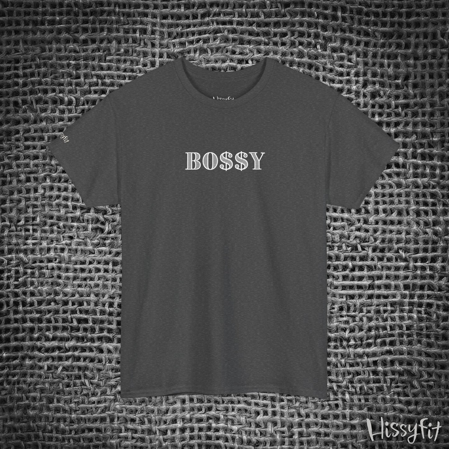 Dark gray t-shirt with 'BOSSY' text on a textured gray background