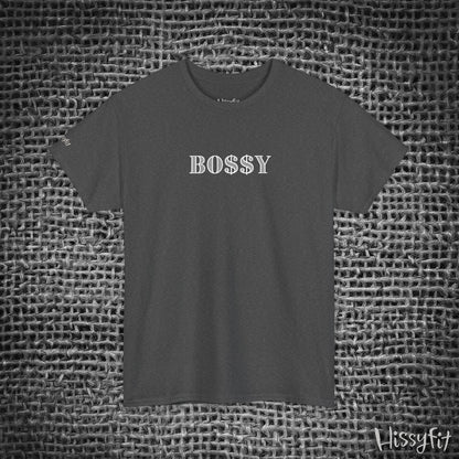 Dark gray t-shirt with 'BOSSY' text on a textured gray background