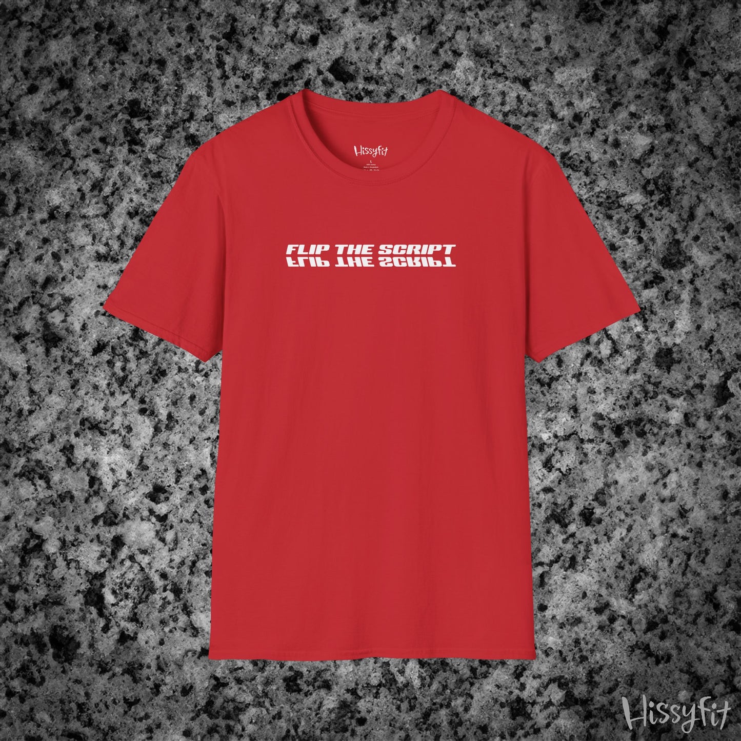 Red t-shirt with 'FLIP THE SCRIPT' text on a gray textured background