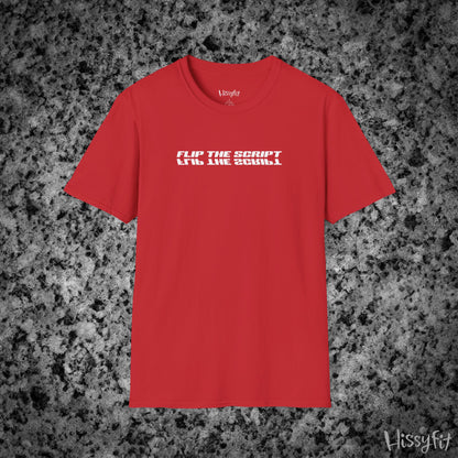 Red t-shirt with 'FLIP THE SCRIPT' text on a gray textured background