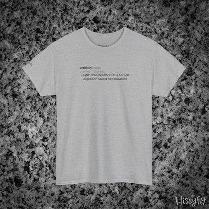 Gray t-shirt with text 'Tomboy:definition' on a gray and black speckled background, featuring the brand 'Hissyfit'.