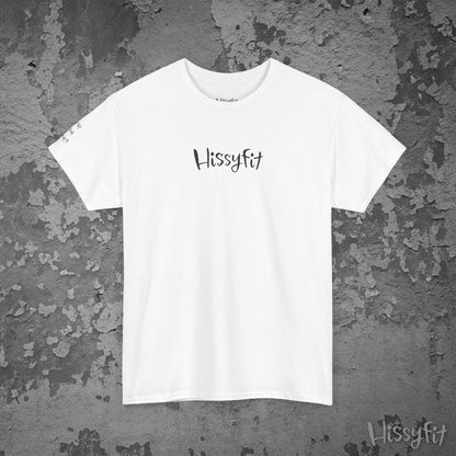 White t-shirt with 'Hissyfit' logo on a textured gray background