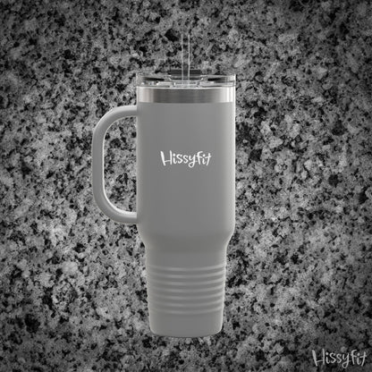 Gray travel mug with handle on a granite surface, featuring 'Hissyfit' branding.