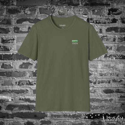 Green t-shirt with a green battery symbol displaying '100 percent charged' on a brick wall background