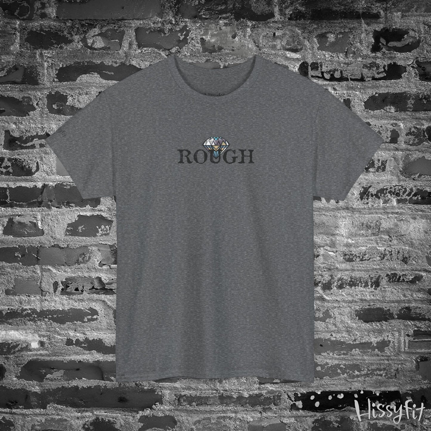 Gray t-shirt with 'ROUGH' text and a diamond graphic on a brick wall background