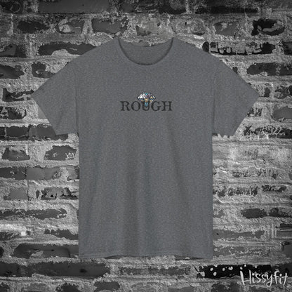 Gray t-shirt with 'ROUGH' text and a diamond graphic on a brick wall background