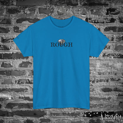 Blue t-shirt with 'ROUGH' text and diamond graphic on a brick wall background