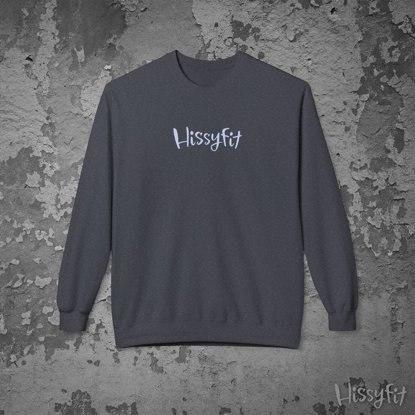 Gray sweatshirt with 'HissyFit' logo on a textured gray background