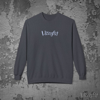 Gray sweatshirt with 'HissyFit' logo on a textured gray background
