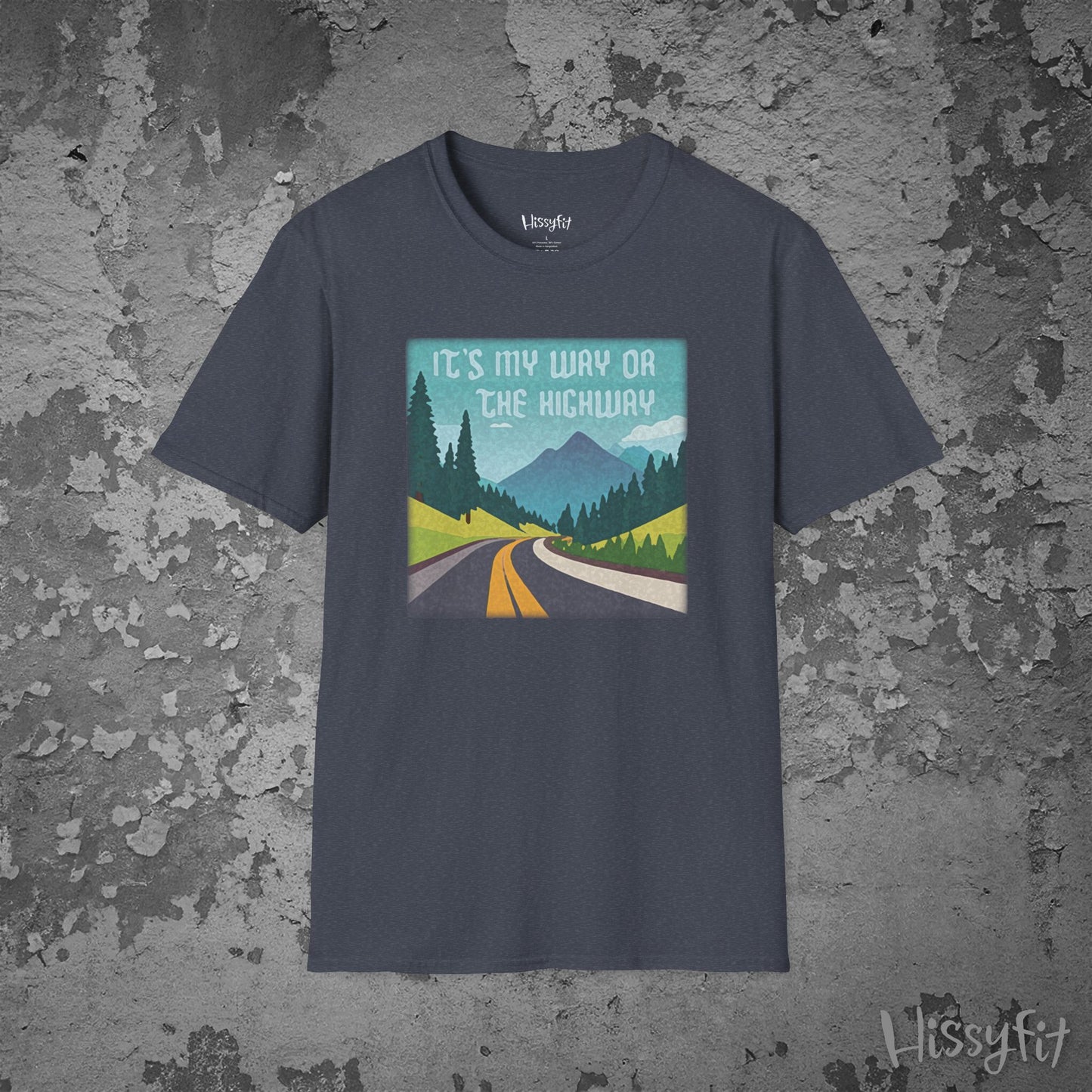 Dark Blue t-shirt with a graphic design of a road and mountains and text 'It's my way or the highway' on a textured gray background