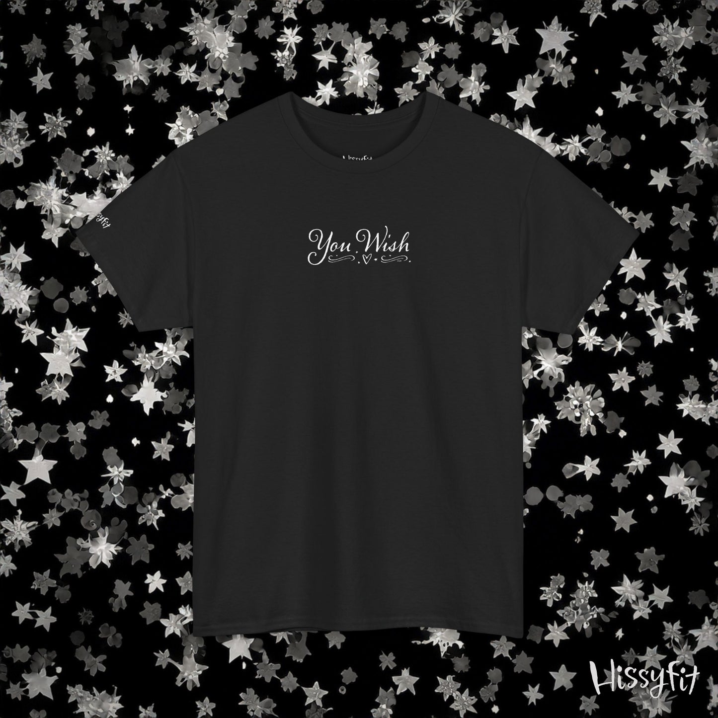 Black t-shirt with 'You Wish' text on a star-patterned background