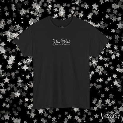 Black t-shirt with 'You Wish' text on a star-patterned background